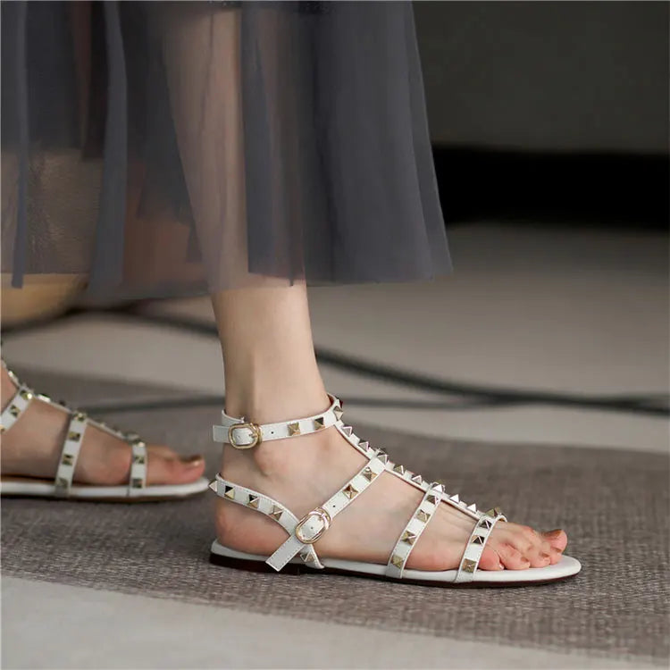 summer women's sandals ladies casual flat shoes simple style Fashion rivet design walking and shopping Large size 41-43