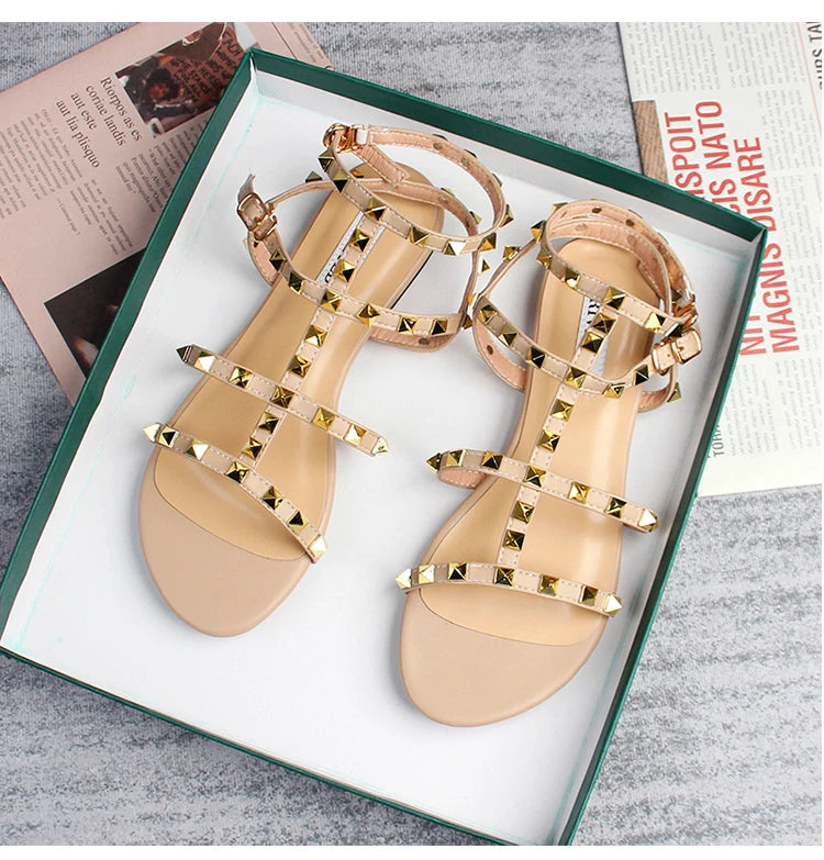 summer women's sandals ladies casual flat shoes simple style Fashion rivet design walking and shopping Large size 41-43